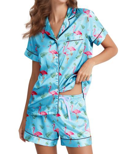 Women's Cuban Collar Bow Flamingo Heart Print Short Sleeve Set