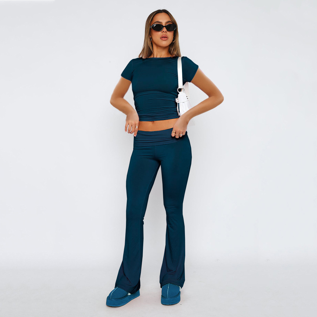 Women's Solid Color Slim Fit Low Waist Flare Pants Two-Piece Set