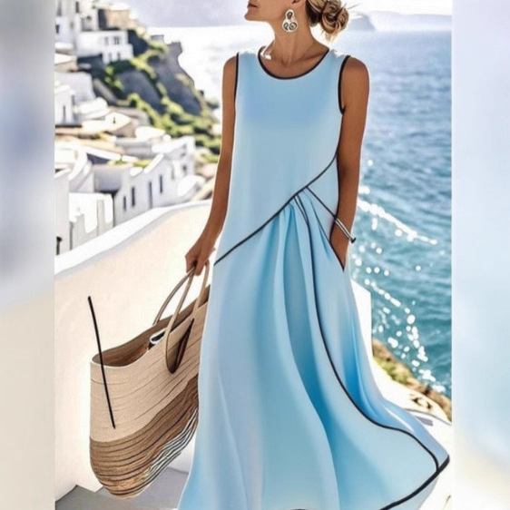 Women's Sleeveless Crew Neck Colorblock Knit Maxi Dress