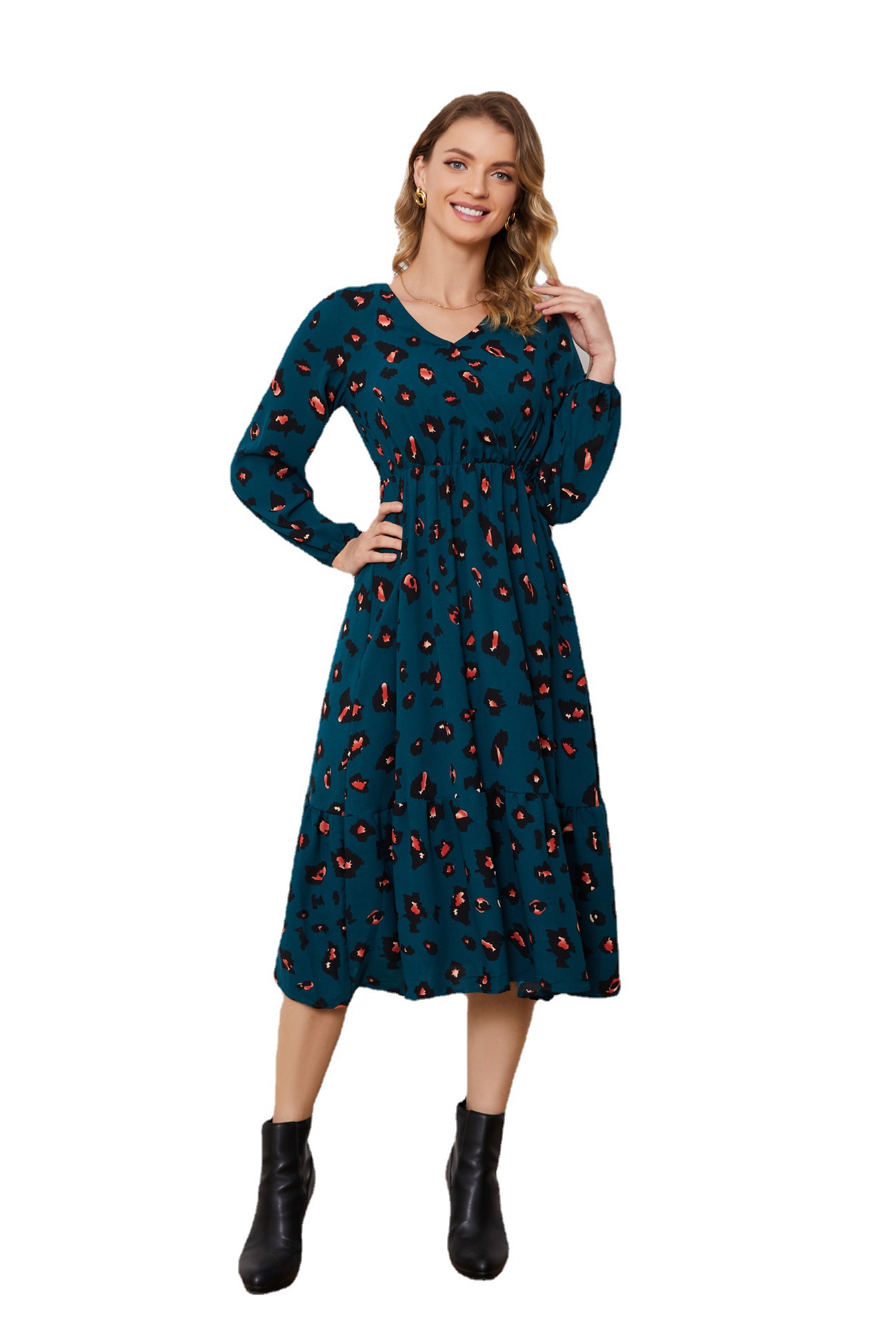 Women's V-Neck Floral Print Midi Dress Long Sleeve Chiffon
