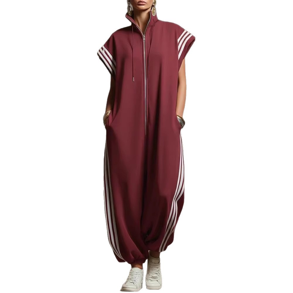 Striped Color-Block Zip-Up Jumpsuit with Stand Collar