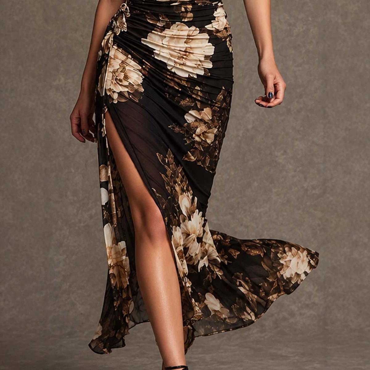 Retro Black Floral Deep V Halter Ruched Waist Slit Mermaid Midi Dress