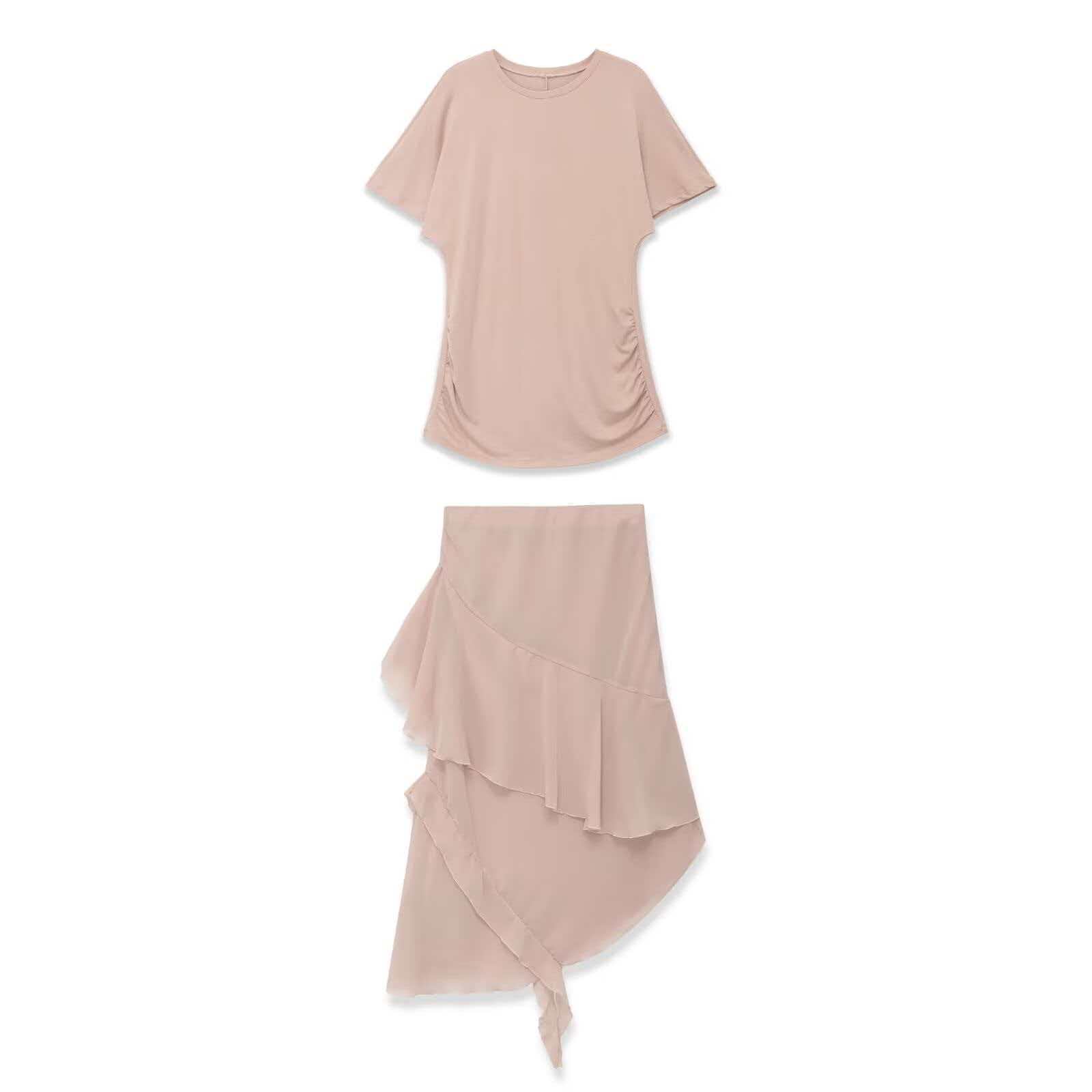 Women's Nude Pink Ruched T-Shirt and Ruffle Midi Skirt Set