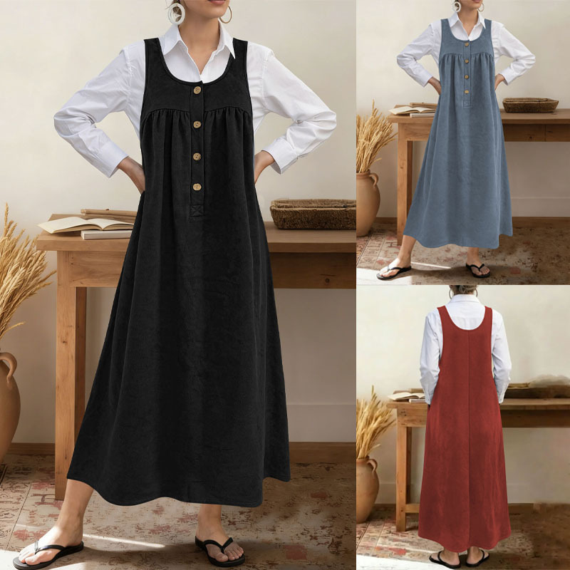 Women's Sleeveless Button A-Line Loose Long Dress Casual