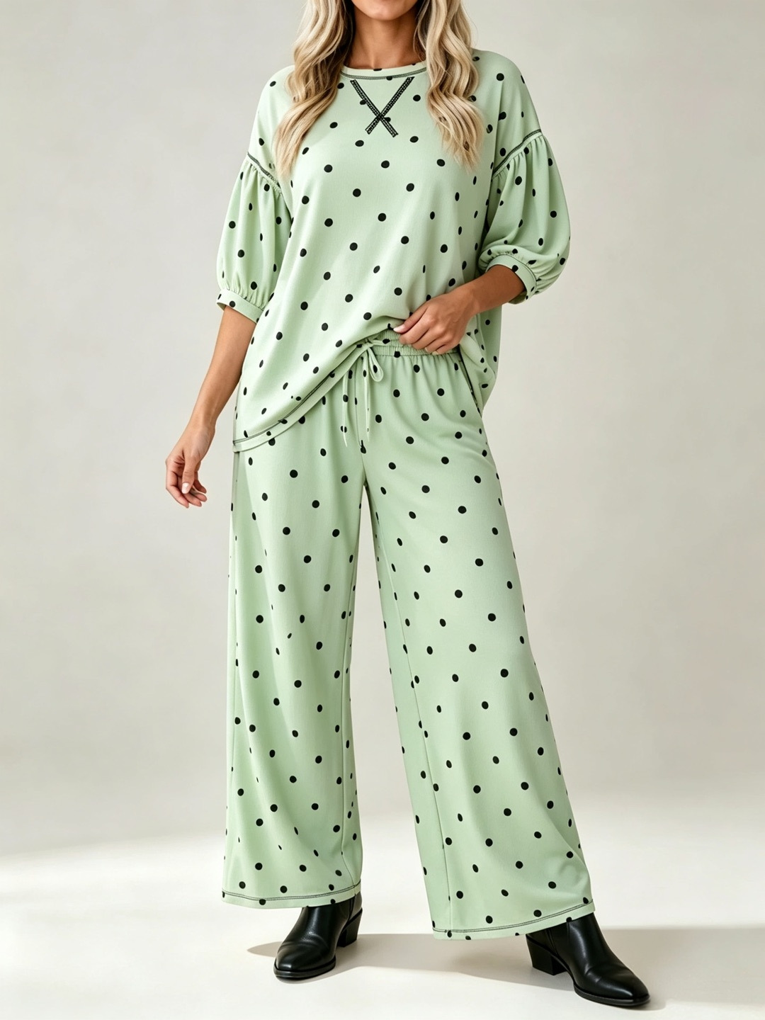 Women's Polka Dot Print Tie-Waist Wide-Leg Two-Piece Set