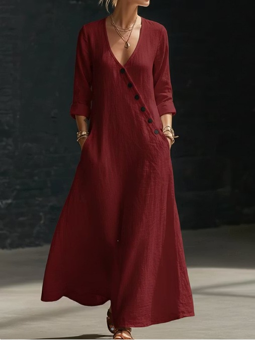 Women's V-Neck Button-Front A-Line Maxi Dress