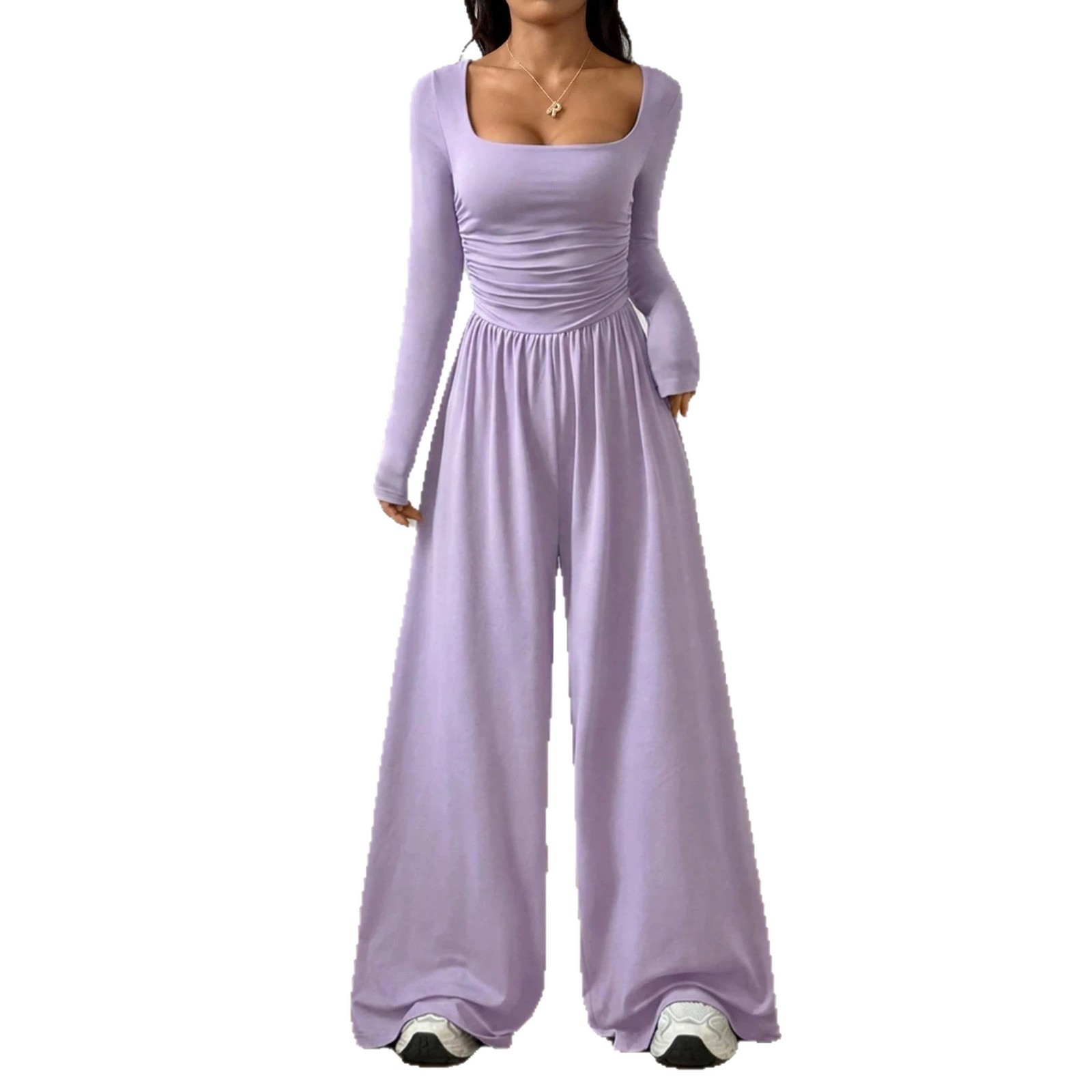 Women's Long Sleeve Square Neck Wide Leg Jumpsuit Solid Color Slimming