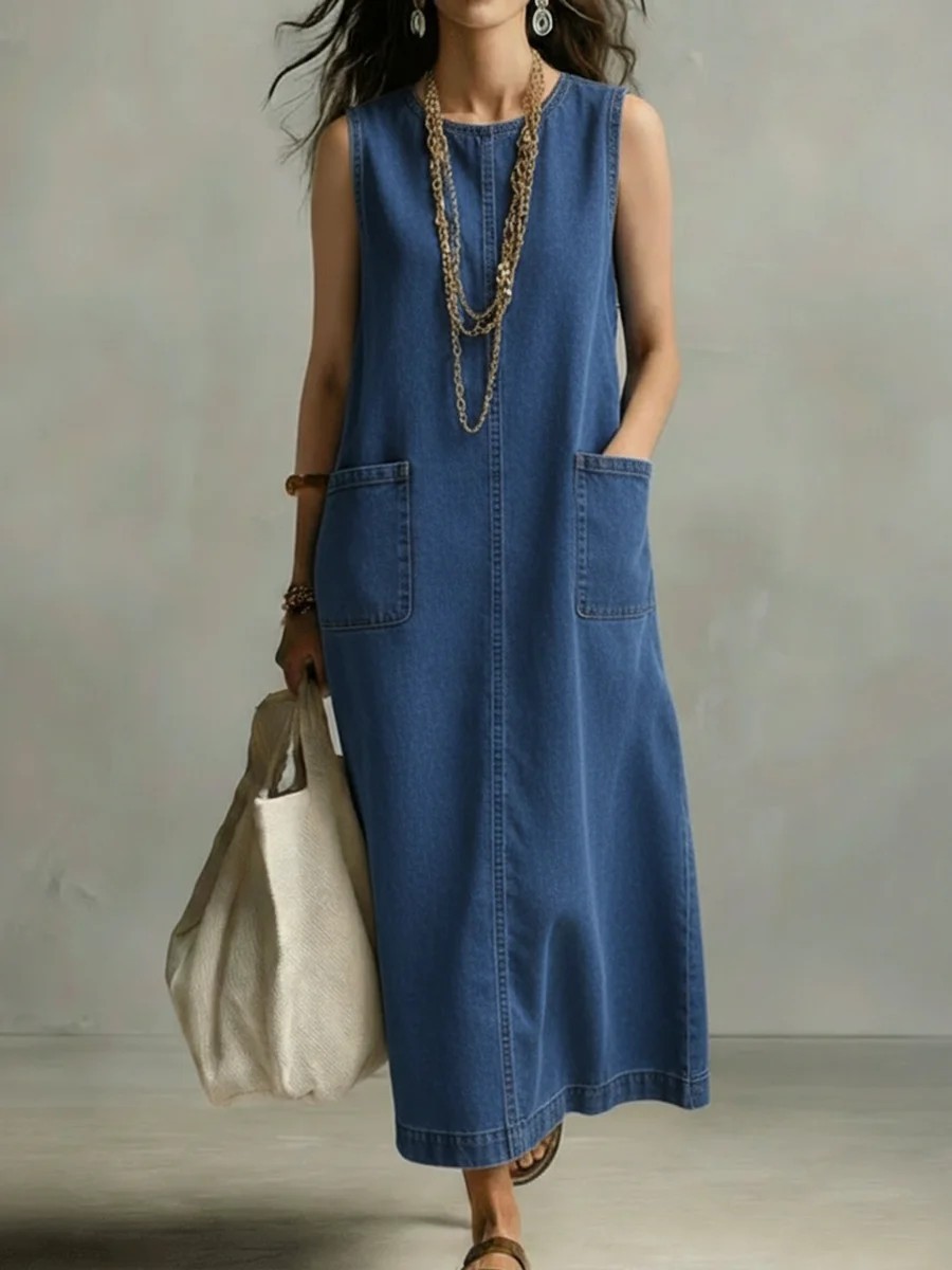 Solid Crewneck Sleeveless Pocket A-Line Midi Dress