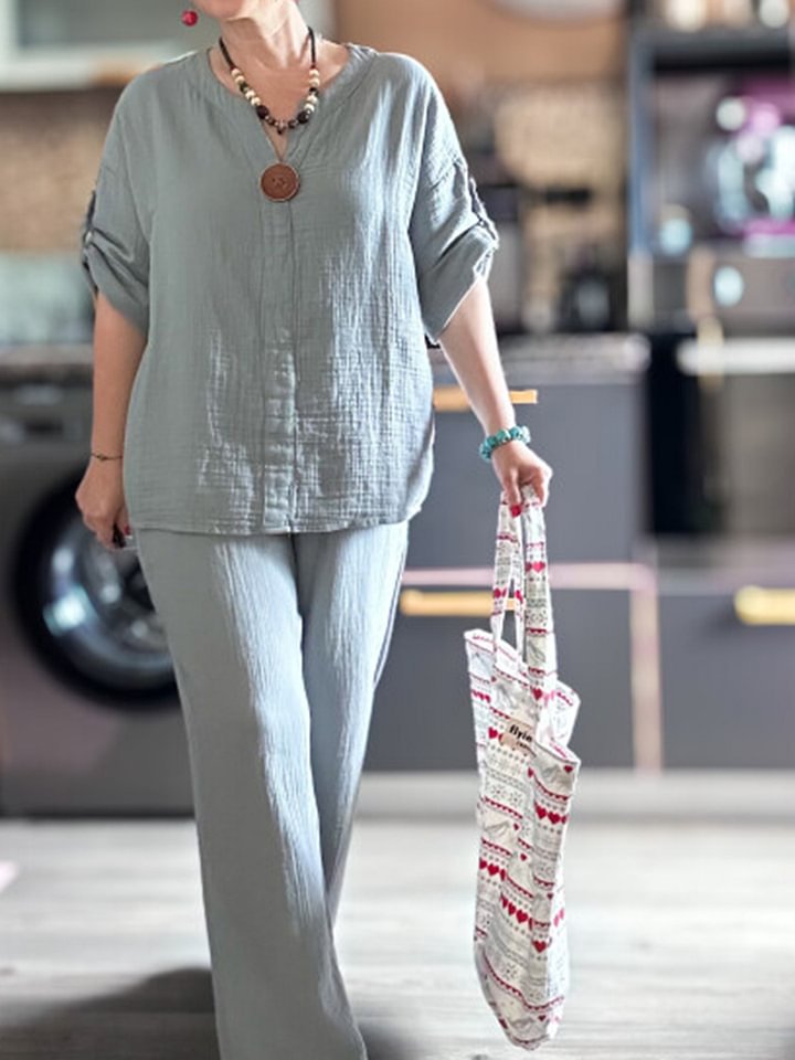 Cotton-Linen Two-Piece Set with Mid-Sleeve Top and Wide-Leg Pants