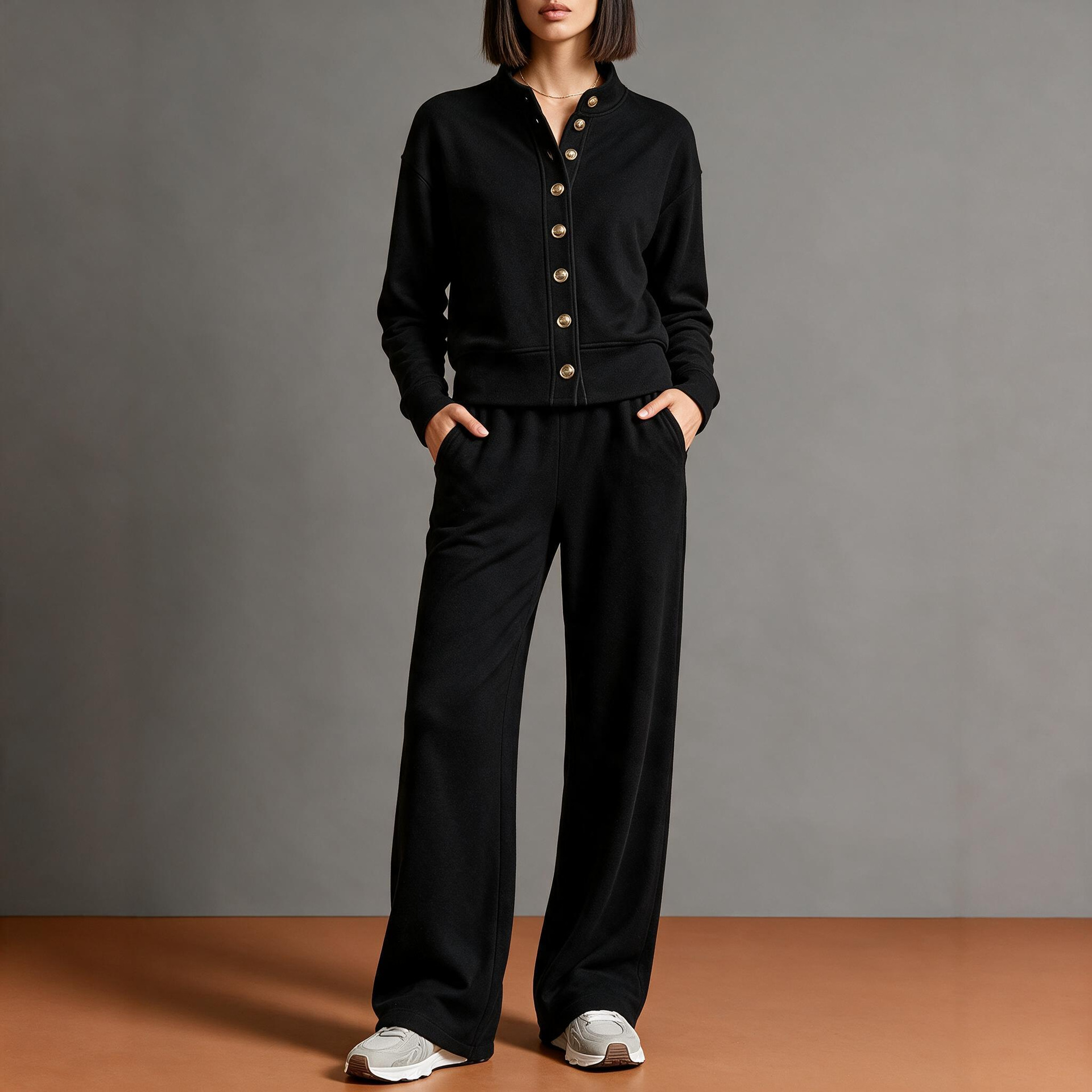 Women's Solid Stand-Collar Cardigan Hoodie & Wide-Leg Pants Set