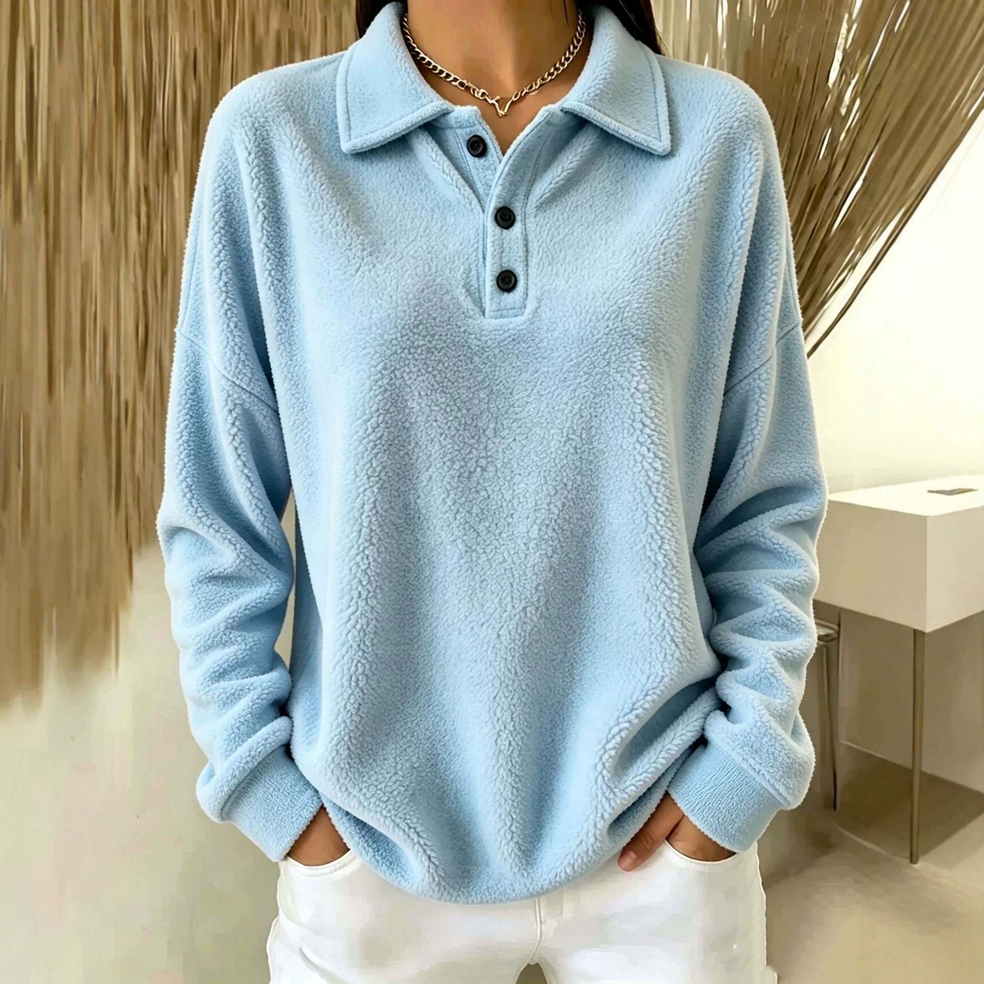 Fleece Buttoned Collar Long Sleeve Pullover Sweatshirt for Women