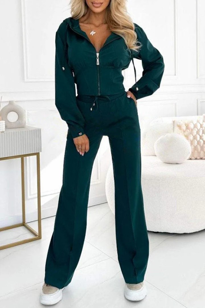 Hooded Zip-Up Jacket and Pants Two-Piece Set Slim Fit Solid Color