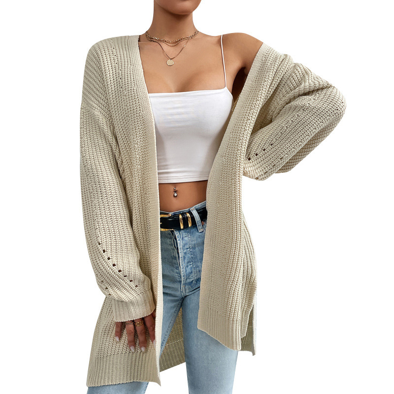 Women's Mid-Length Knit Cardigan Lightweight Open Front Long Sleeve Solid Color
