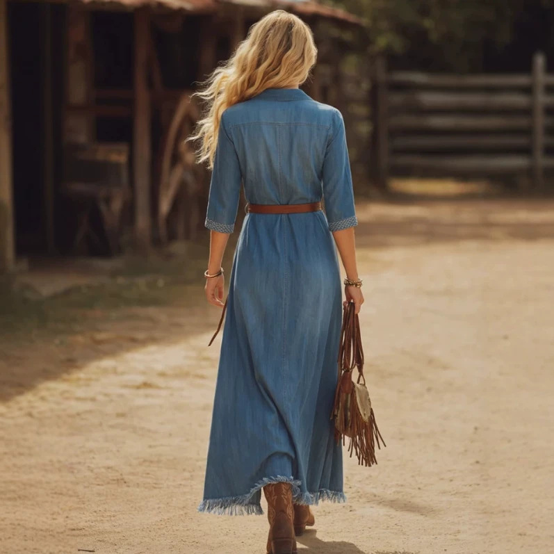 Retro Western Piped Denim Long Dress