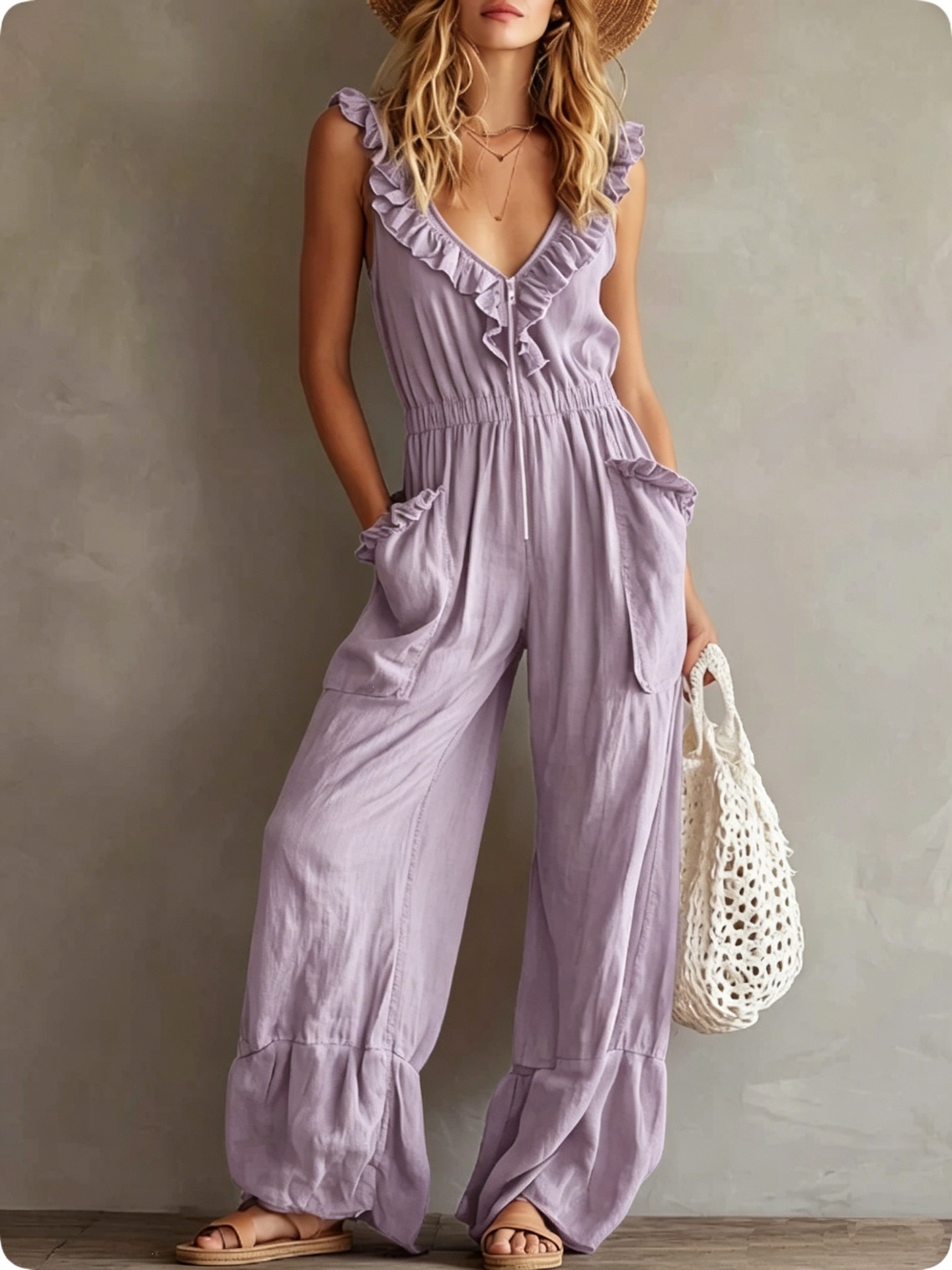 Women's Sleeveless Ruffle Trim Wide-Leg Jumpsuit Solid Color Casual