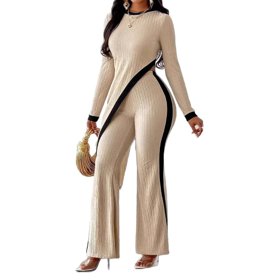 Women's Color-Block Long-Sleeve T-Shirt & Patchwork Pants Set