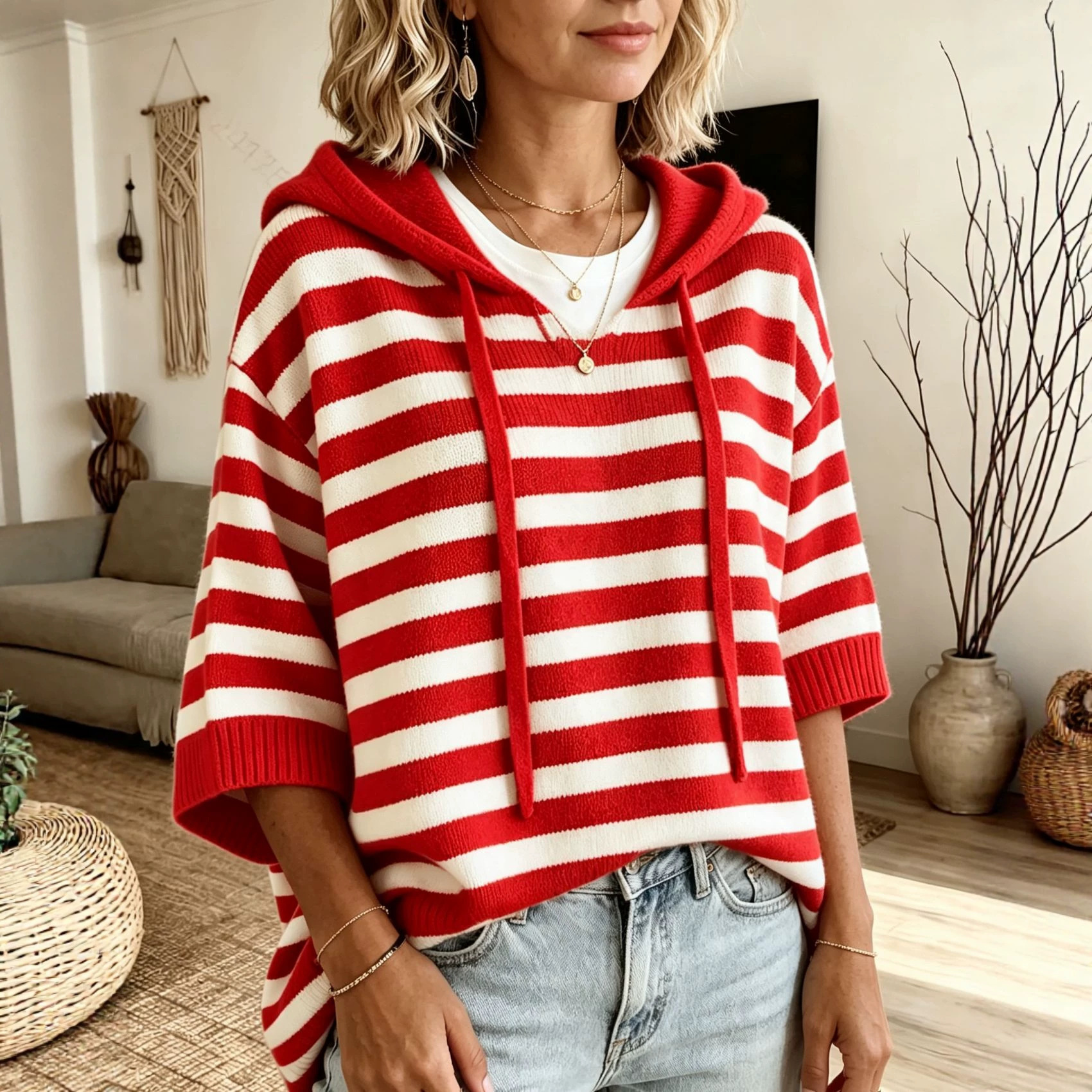 Striped Hooded Knit Pullover Sweater with Drawstring