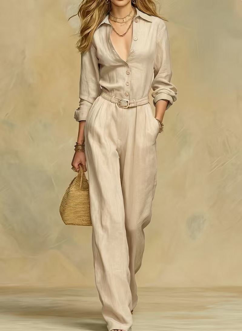 Elegant Solid Color Long Sleeve Jumpsuit Set with Belt