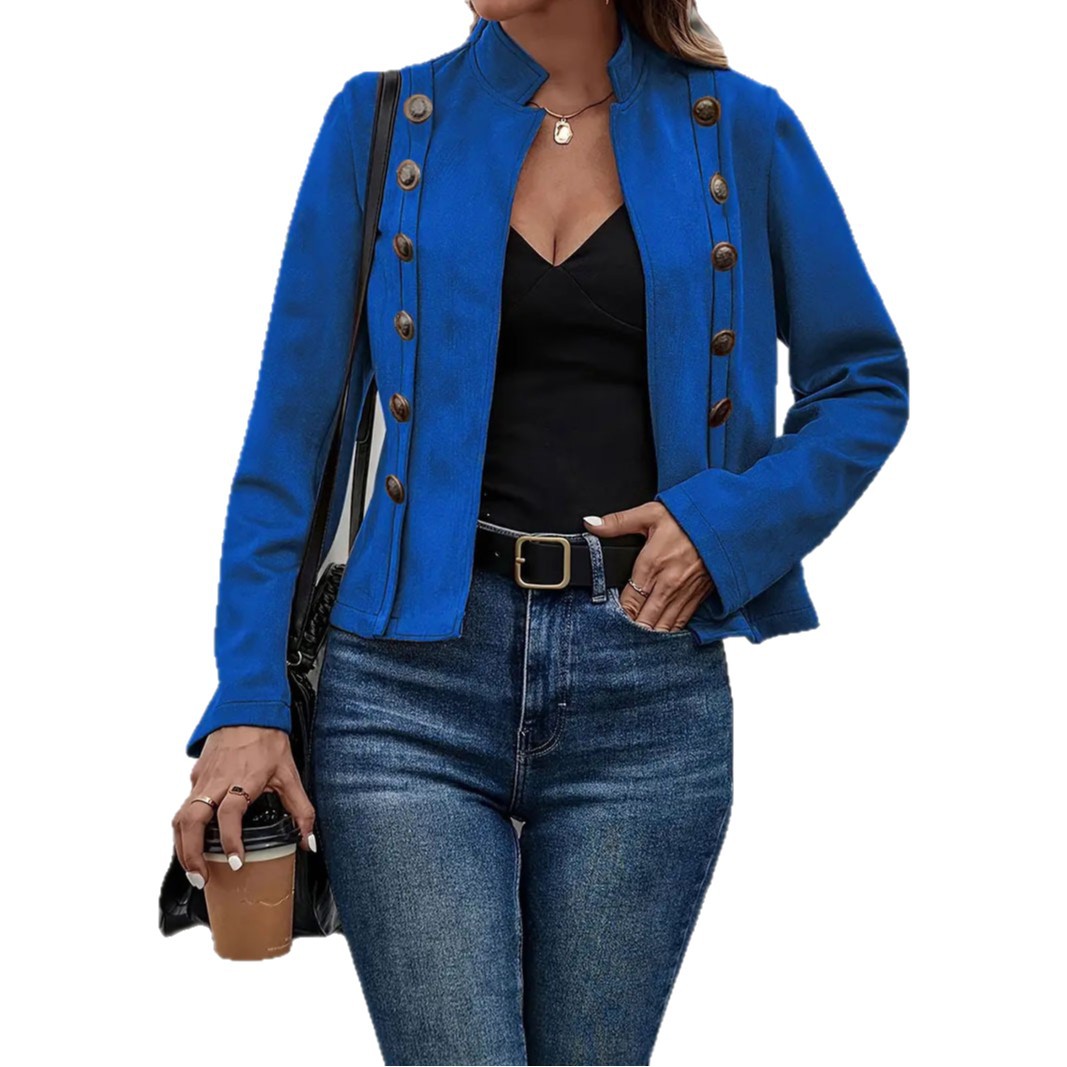 Solid Double-Breasted Vintage Long-Sleeve Jacket