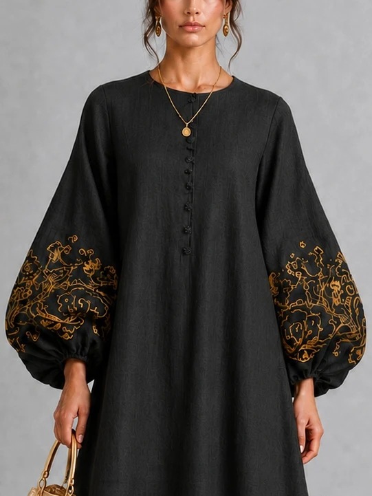 Black Gold Embroidered Lantern Sleeve A-Line Midi Dress