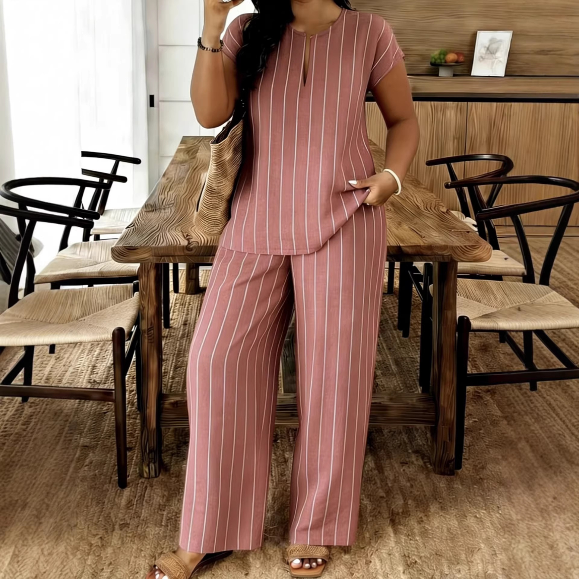 Women's V-Neck Top and Pants Set Casual Striped Two-Piece