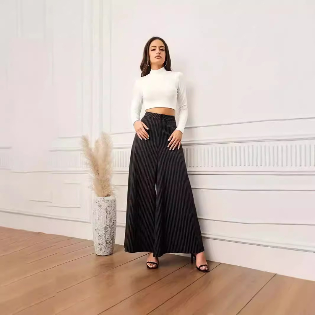 Striped Wide-Leg High-Waist Button Long Pants