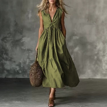 Solid Sleeveless Deep V-Neck A-Line Maxi Dress