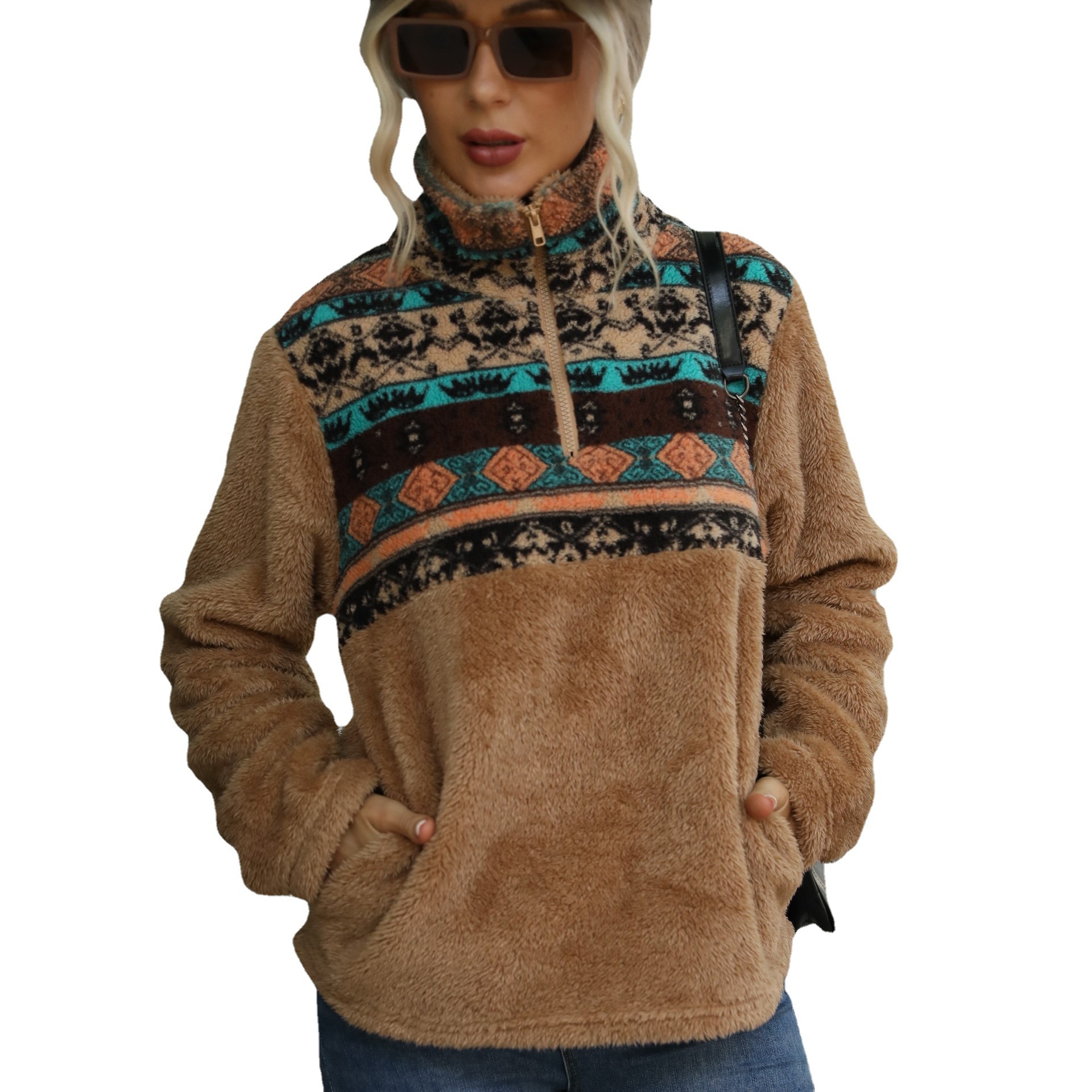 Fleece Print Half-Zip Pullover Hoodie with Pockets