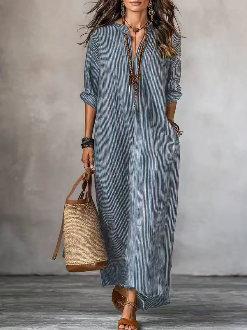 V-Neck Striped Loose Casual Dress