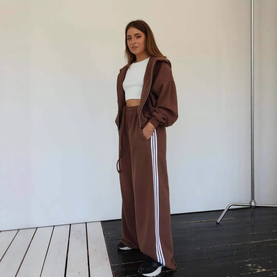 Women's Hooded Drawstring Colorblock Striped Wide-Leg Two-Piece Pants Set