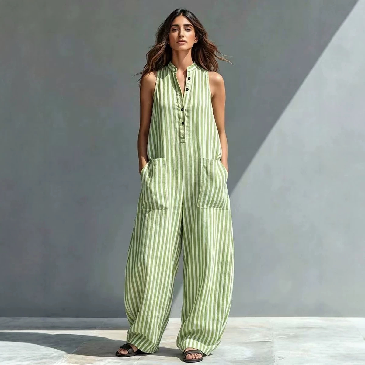Summer Striped Print Sleeveless Wide-Leg Jumpsuit