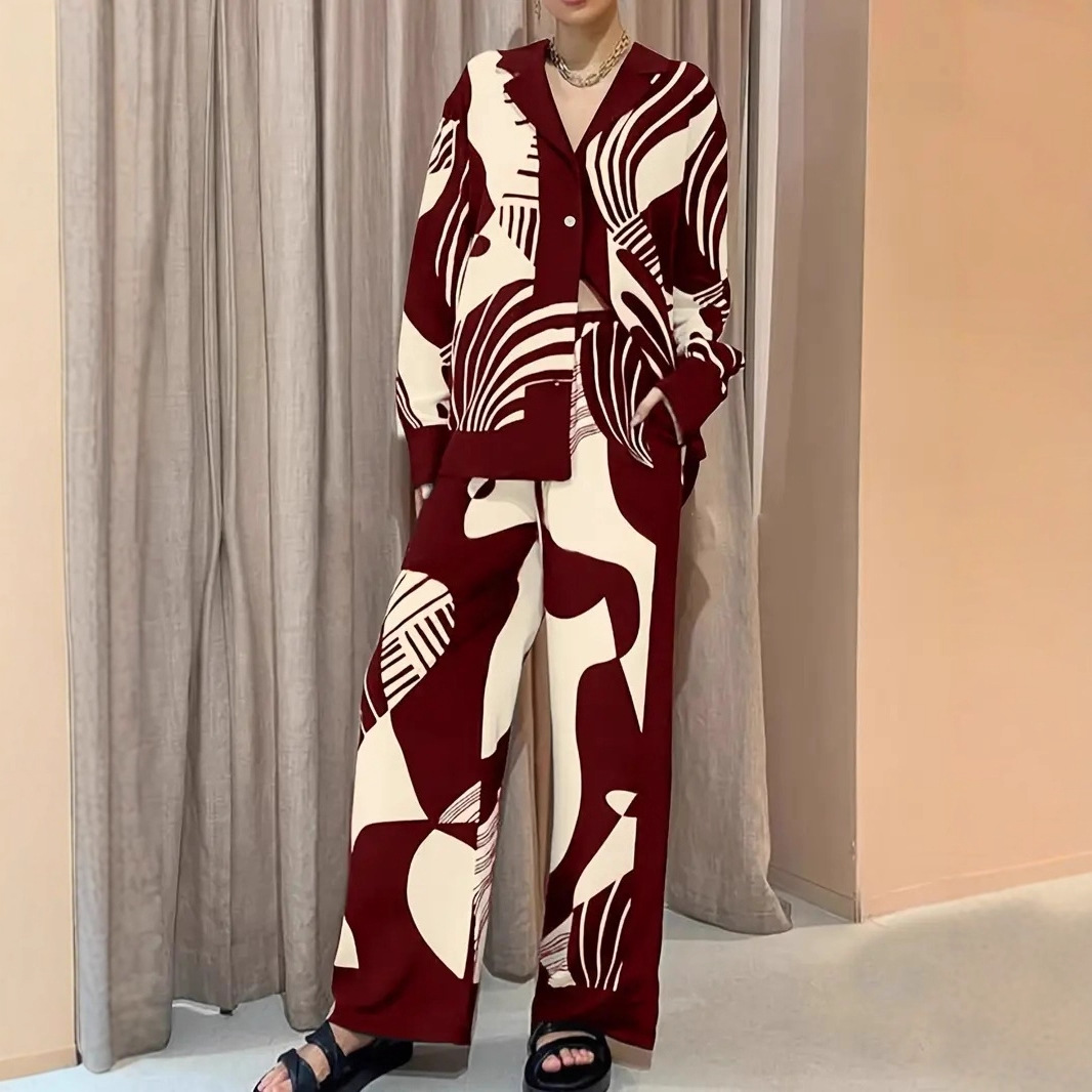 Women's Casual Elegant Printed Vintage Pattern Long Sleeve Shirt and Pants Two-Piece Set