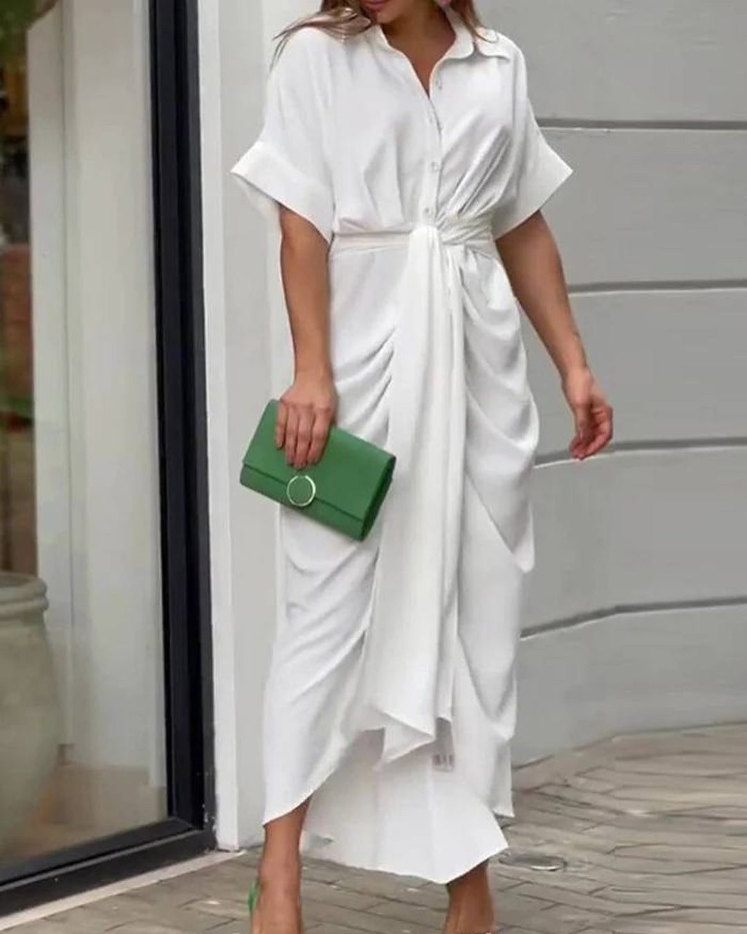 Women's Collared Midi Shirt Dress Short Sleeve Button Front High Waist