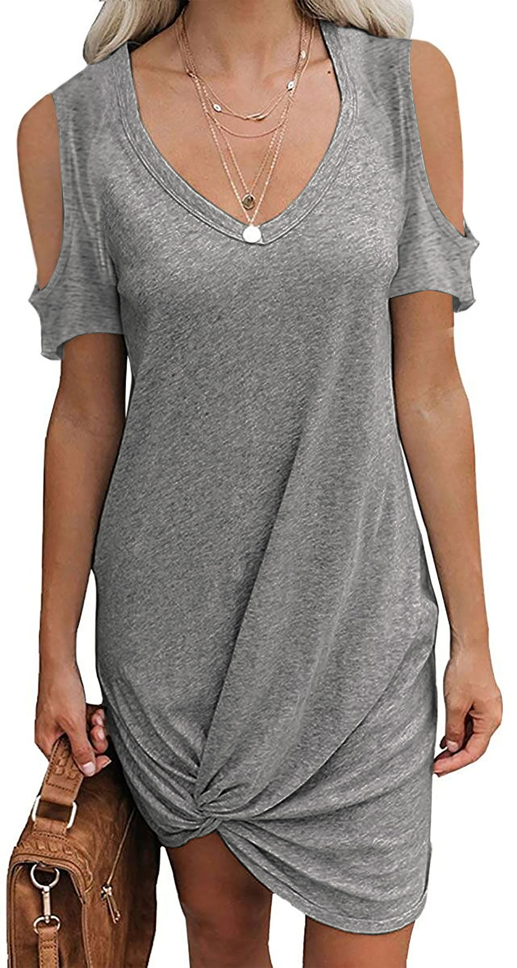 Women's Off-Shoulder Twist Knot Short Sleeve T-Shirt Dress Solid Color