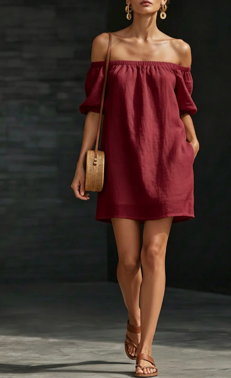 Women's Off-Shoulder One-Line Neck Solid Color Loose Dress