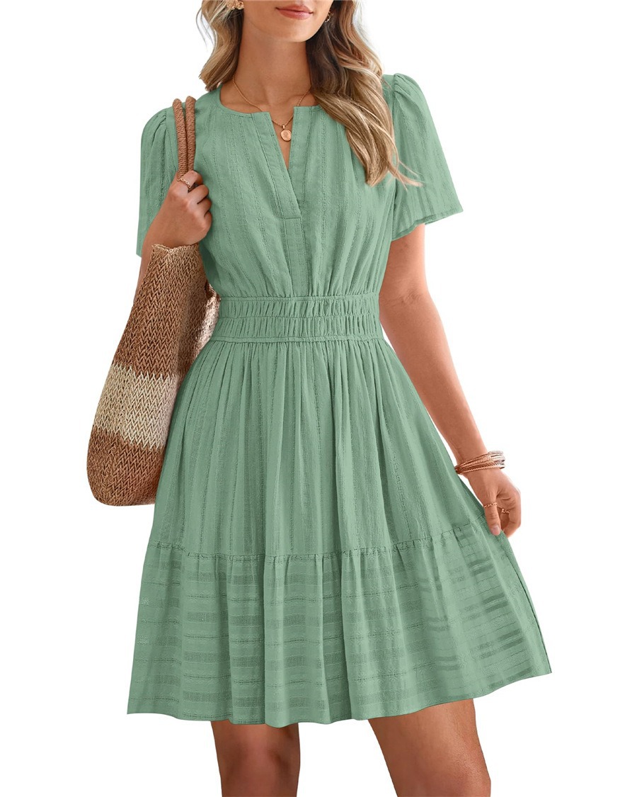 V-Neck Ruched Bubble Sleeve Tiered A-Line Midi Dress