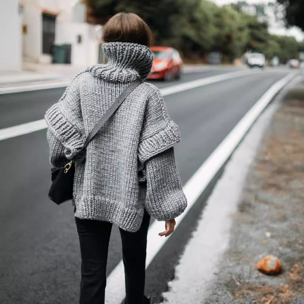 Fluffy High Neck Pullover Sweater Long Sleeve Knit Top