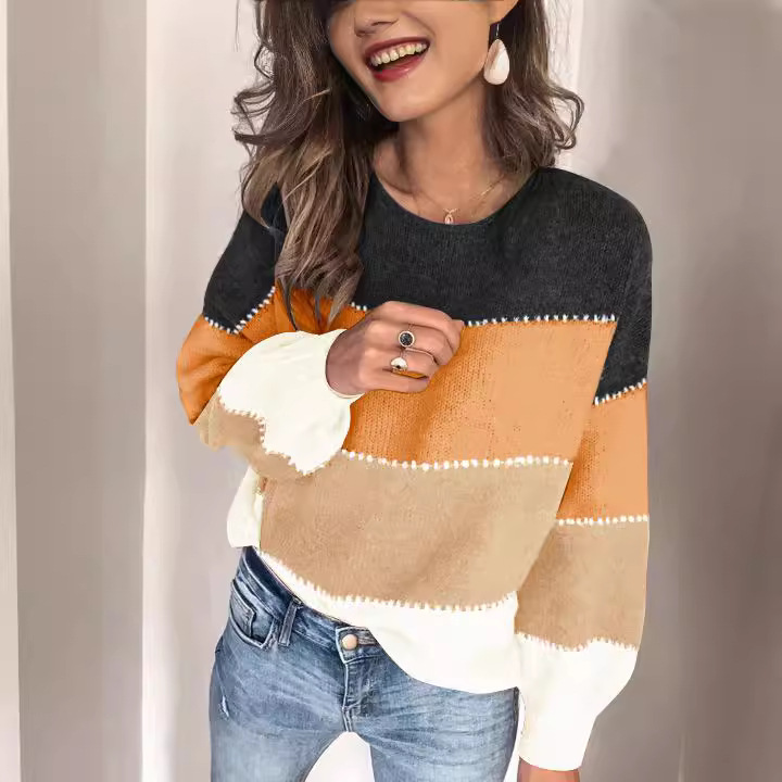 Women's Color-Block Crewneck Midi Loose Knit Sweater