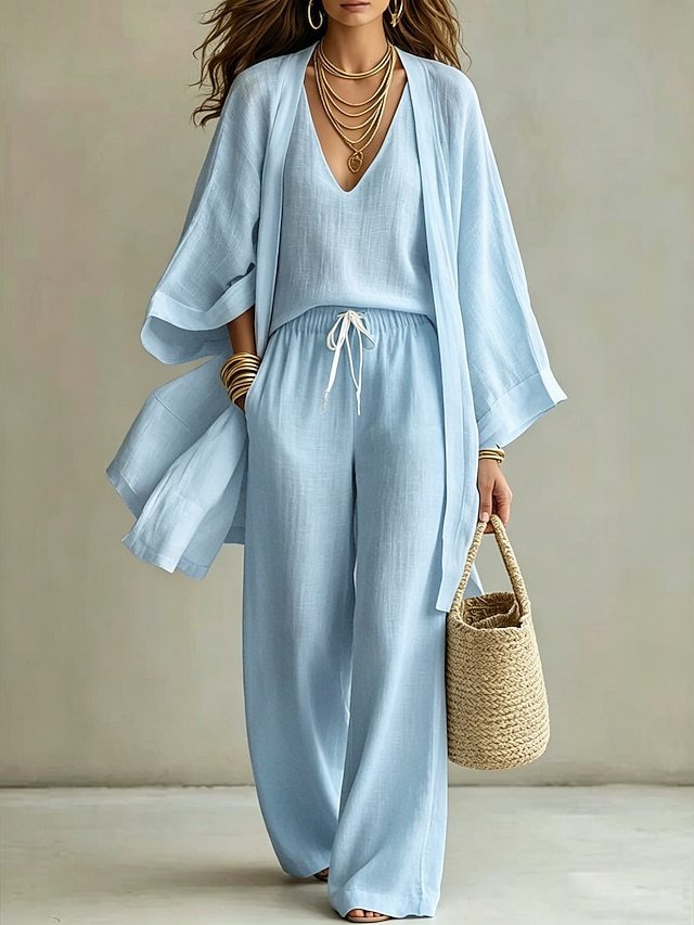 Women's Summer Solid Color Cotton-Linen 3-Piece Set: Open-Front Cardigan, Sleeveless Tank, Wide-Leg Pants