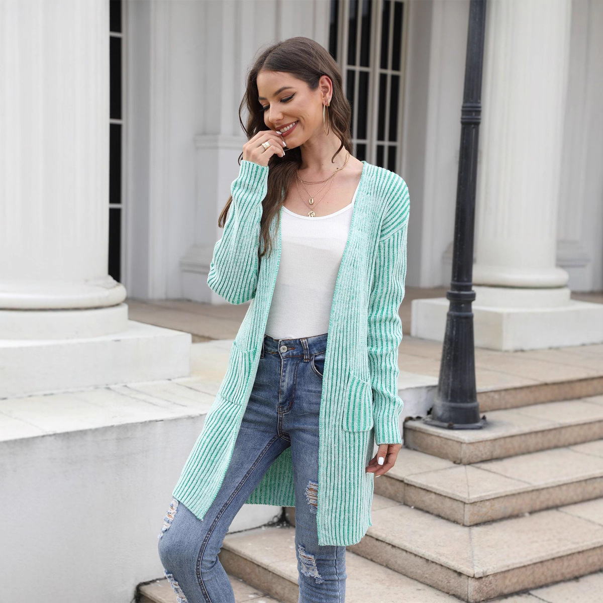 Plus Size Ribbed Knit Cardigan with Pockets Solid Color Long Sleeve Sweater Coat
