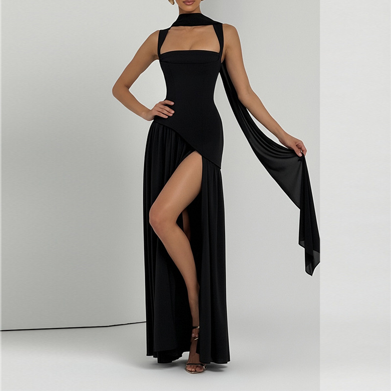Elegant Slim-Fit Solid Color Waist-Cinched Split French Dress