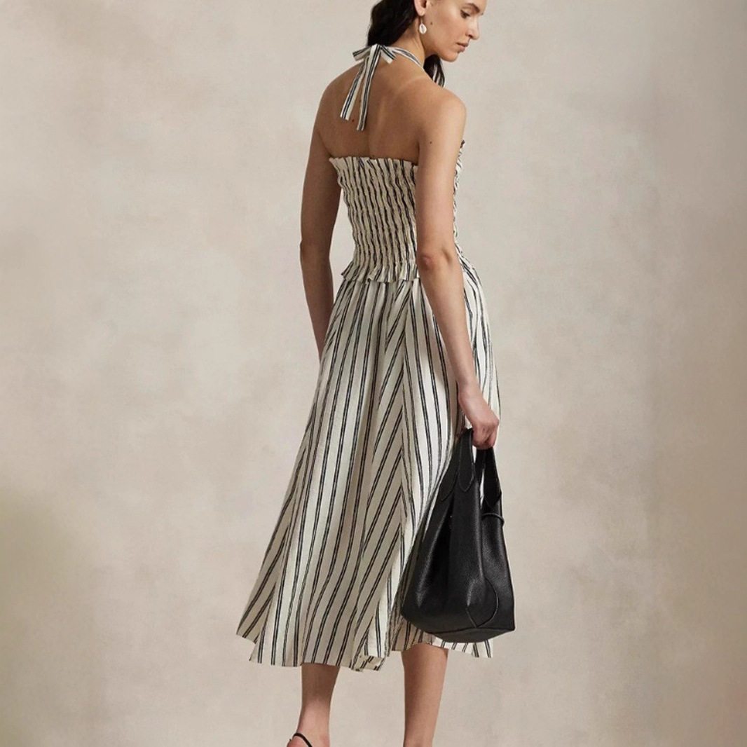 Women's French Striped Off-Shoulder Halter Sleeveless Waist-Cinching Slimming Dress
