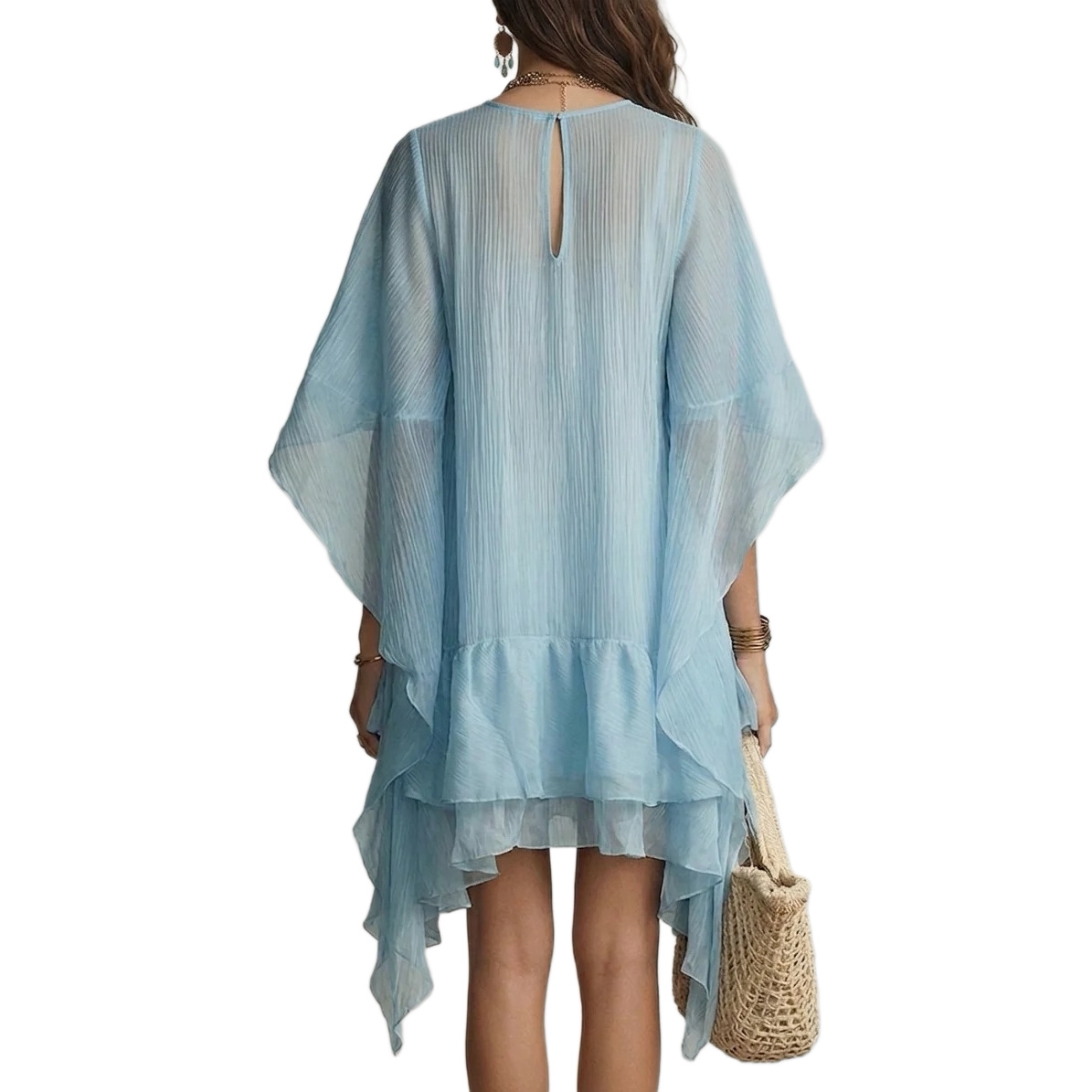 Boho Light Blue Ruched Ruffle Asymmetric Short Dress