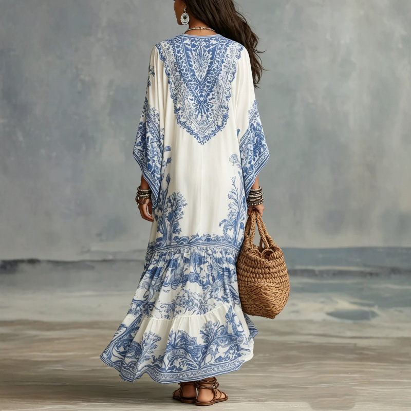 Bohemian Floral Print Loose Fit Long Sleeve Shirt Dress