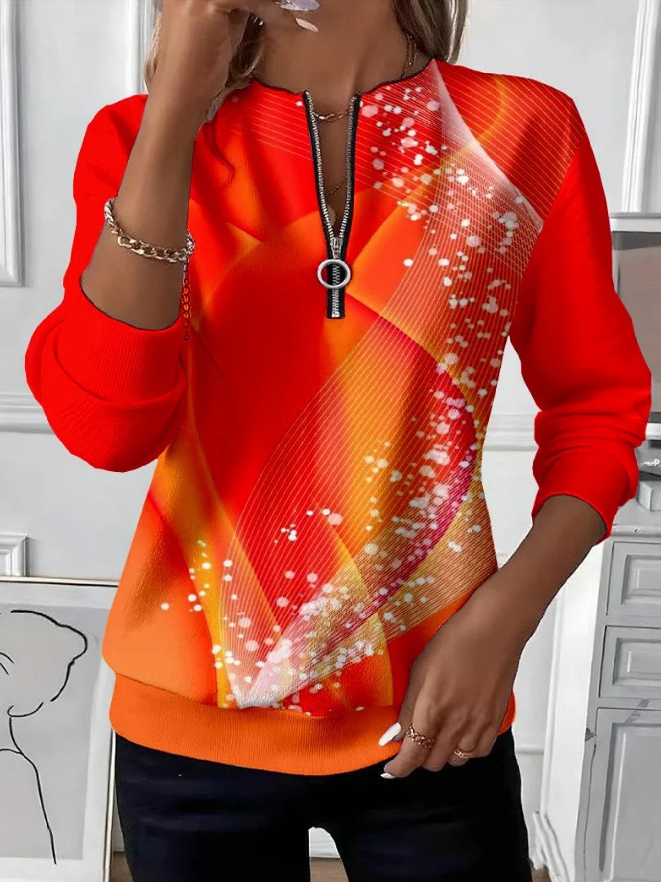 Retro Leaf Floral Print Half-Zip Hoodie for Women