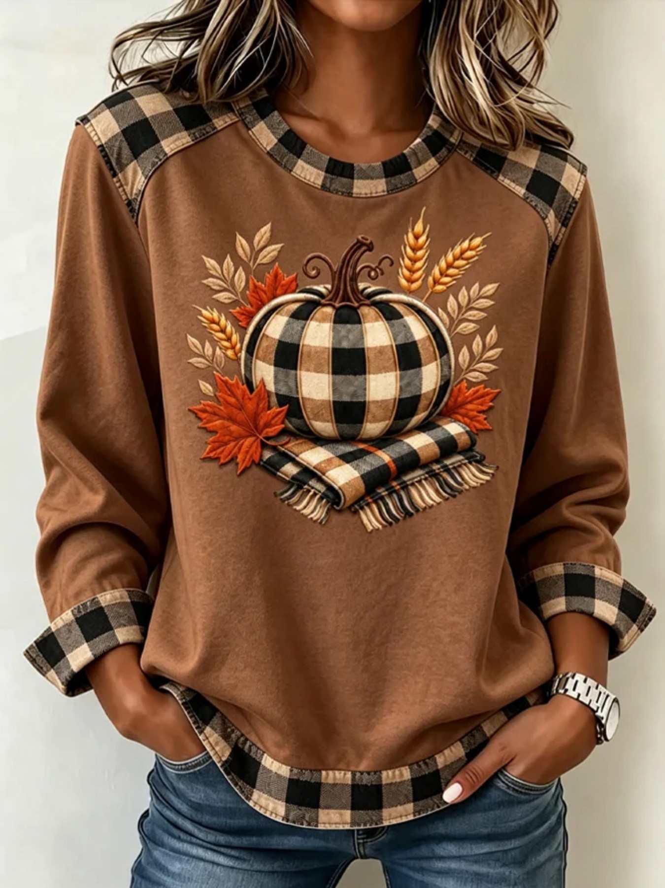 Pumpkin Maple Leaf Plaid Print Crewneck Long Sleeve Pullover Sweatshirt