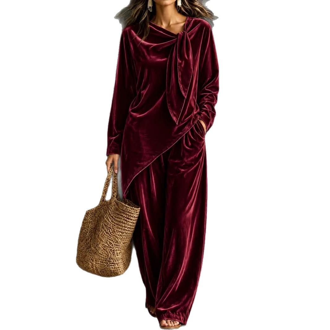 Women's Velvet Lounge Set Long Sleeve Top & Wide-Leg Pants