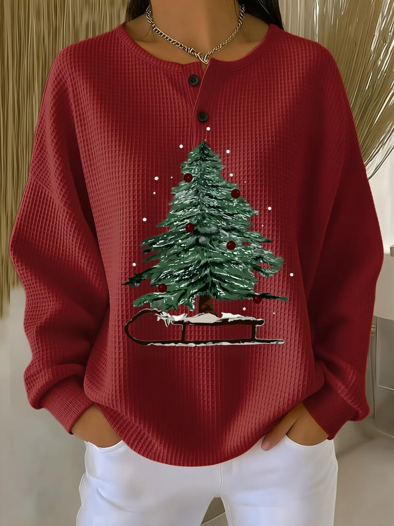 Women's 3D Print Waffle Knit Long Sleeve Polo Shirt