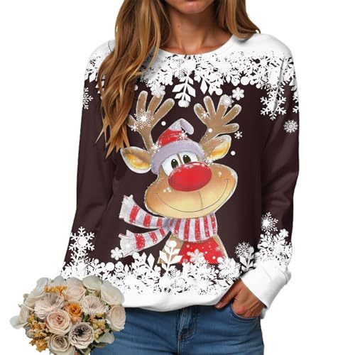 Women's Christmas Reindeer Snowflake Print Crewneck Sweatshirt