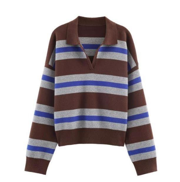 Women's Casual Loose Striped Polo Shirt Long Sleeve